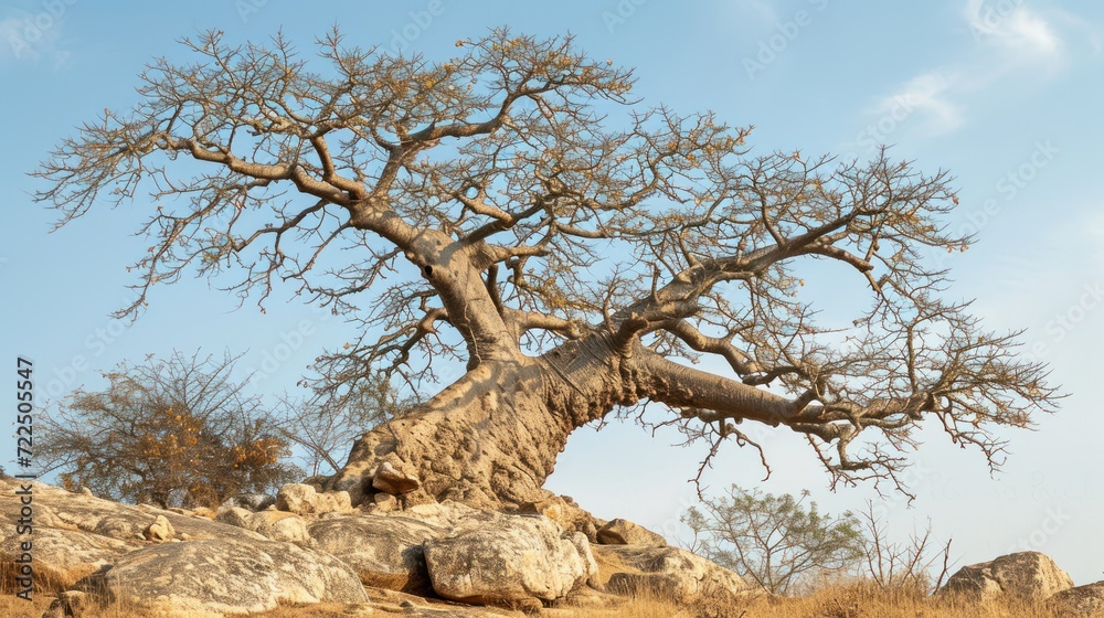a giraffe standing next to a tree on top of a dry grass covered hillside under a blue sky. a giraffe standing next to a tree on top of a dry grass covered hillside under a blue sky.