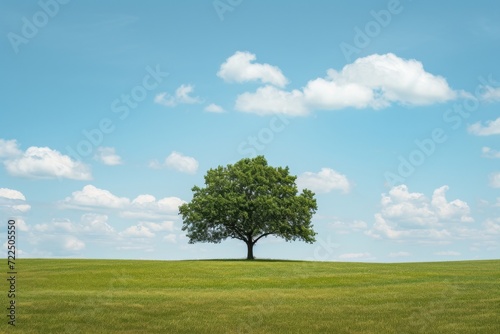 A solitary tree stands tall amidst the vast expanse of a lush green meadow, under a canvas of billowing clouds and a clear blue sky, showcasing the peaceful harmony of nature in summertime