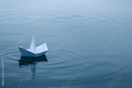 A solitary paper boat braves the vast expanse of the tranquil lake  its fragile form gliding gracefully on the gentle ripples  its mirrored reflection a symbol of boundless possibilities and freedom
