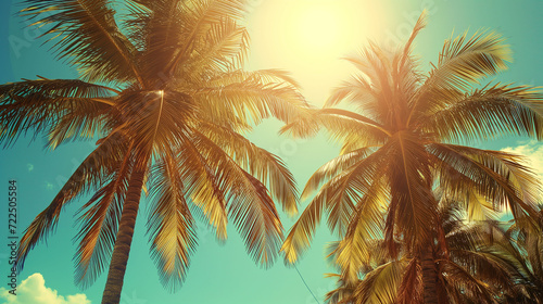 Coconut palm trees on blue sky background. Vintage toned © Viktor