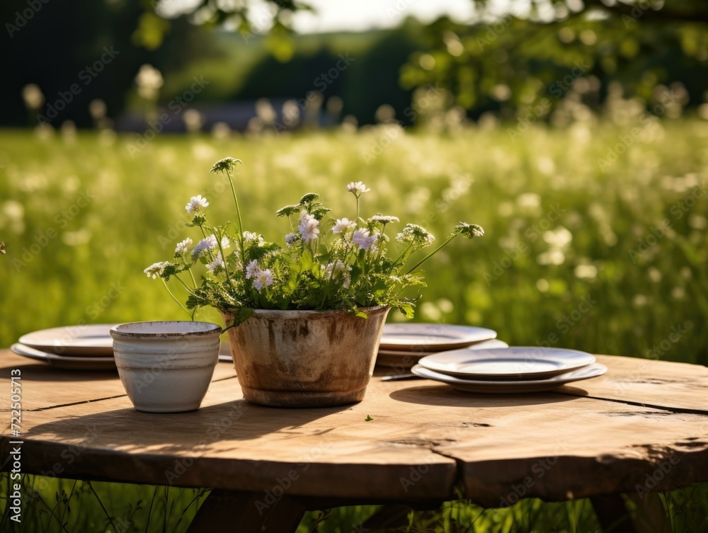 A table with two plates and a cup sitting on it in a field. Generative AI.