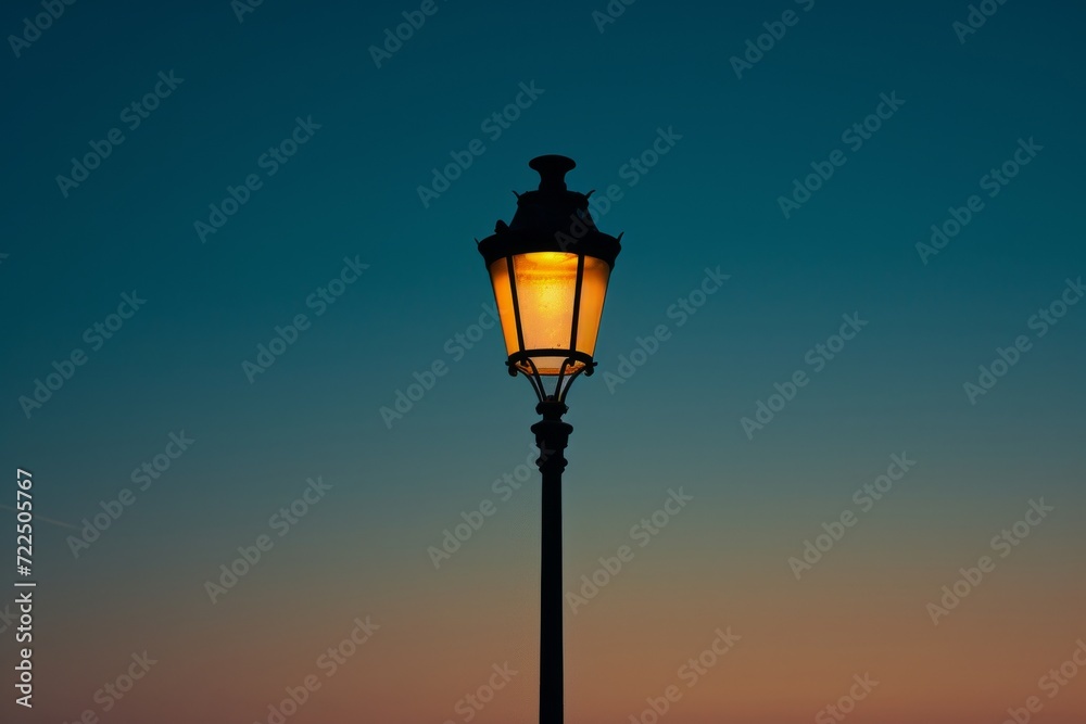 As the sky fades into a deep sunset, the outdoor street light illuminates the darkness with its warm, comforting glow, casting a sense of tranquility onto the quiet lamp-lit street