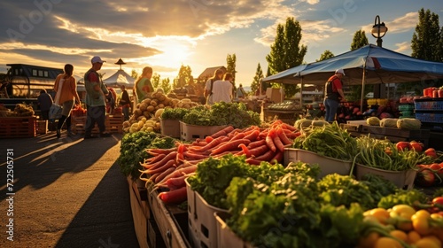 People shopping at an outdoor farmers market at sunset. Generative AI. photo