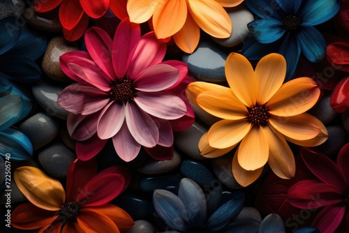 Colorful flowers are arranged in a pattern on a black background. Generative AI.