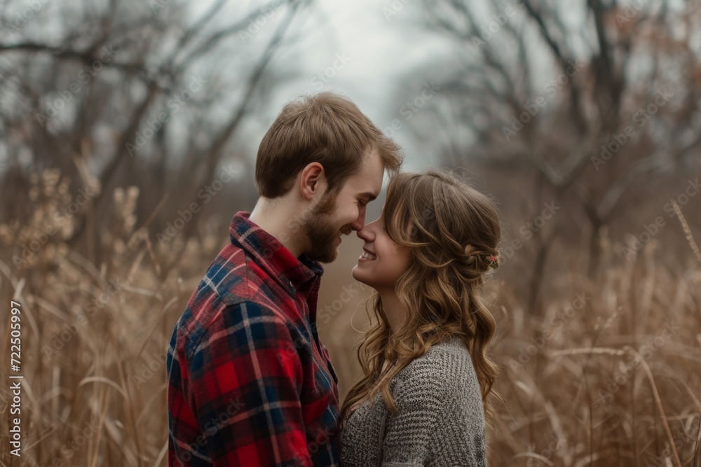 Fototapeta premium Two lovers share a tender moment as they embrace in a winter field, their clothing blending with the autumn foliage and sky as they express their love through a simple kiss