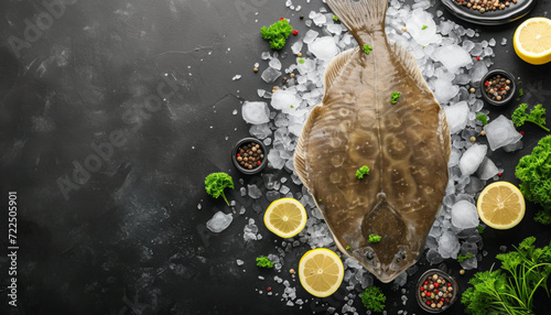 Cooked flounder fish on a dark background with ice and lemon.	