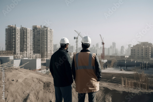 Two workers in safety gear observe a large construction site with cranes and unfinished structures, ai generative © larrui