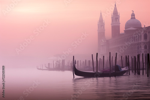 a serene, misty scene of Venice with a gondola, wooden posts, and an architectural structure under a soft pink sky