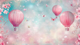  a painting of three pink hot air balloons flying in the sky with butterflies and flowers on the bottom of the picture.