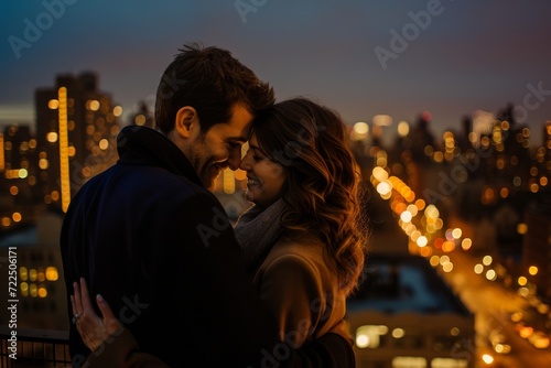 In the glowing city night, a man and woman embrace on a skyscraper rooftop, their clothing blending with the sky as they share a passionate kiss, their love shining brighter than the surrounding city