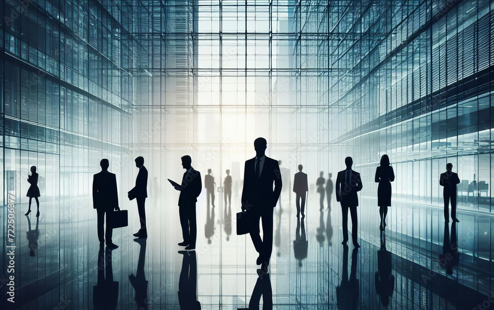 Fototapeta premium silhouettes of people walking in a modern glass office building