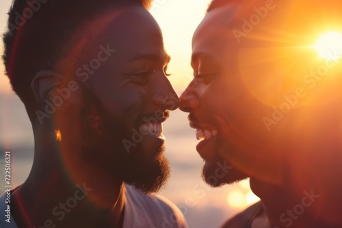 Amidst the warm glow of the setting sun, two men share a tender kiss, their faces radiating pure love and happiness in the great outdoors