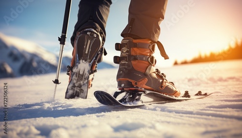 Close-up of winter shoes for skiing and climbing