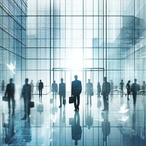 silhouettes of people walking in a modern glass office building