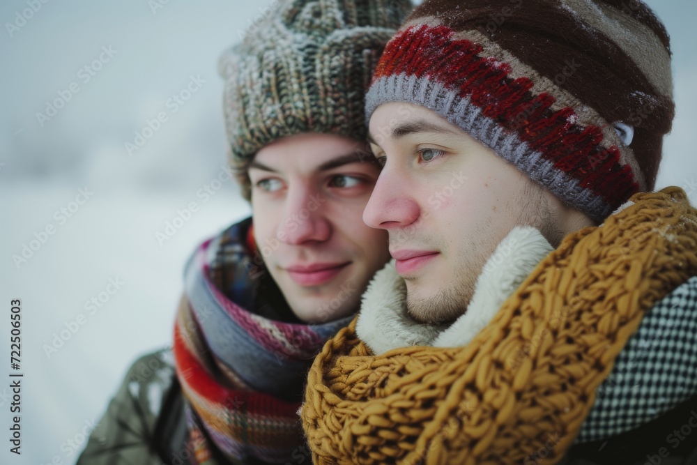 Two figures huddled together in the chilly winter air, their faces concealed by cozy knit caps and scarves, braving the snow-covered landscape in their matching headgear Two figures huddled together in the chilly winter air, their faces concealed by cozy knit caps and scarves, braving the snow-covered landscape in their matching headgear