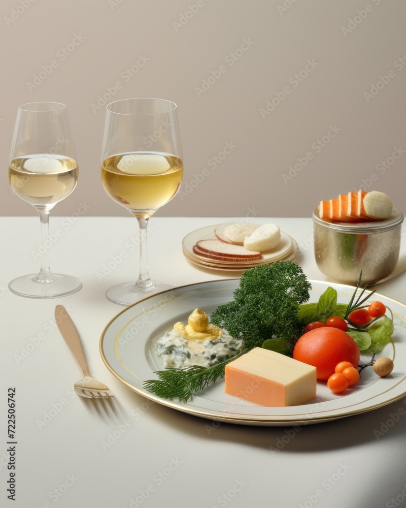 a plate of food next to two glasses of wine and a plate of cheese and vegetables on a white table. a plate of food next to two glasses of wine and a plate of cheese and vegetables on a white table.