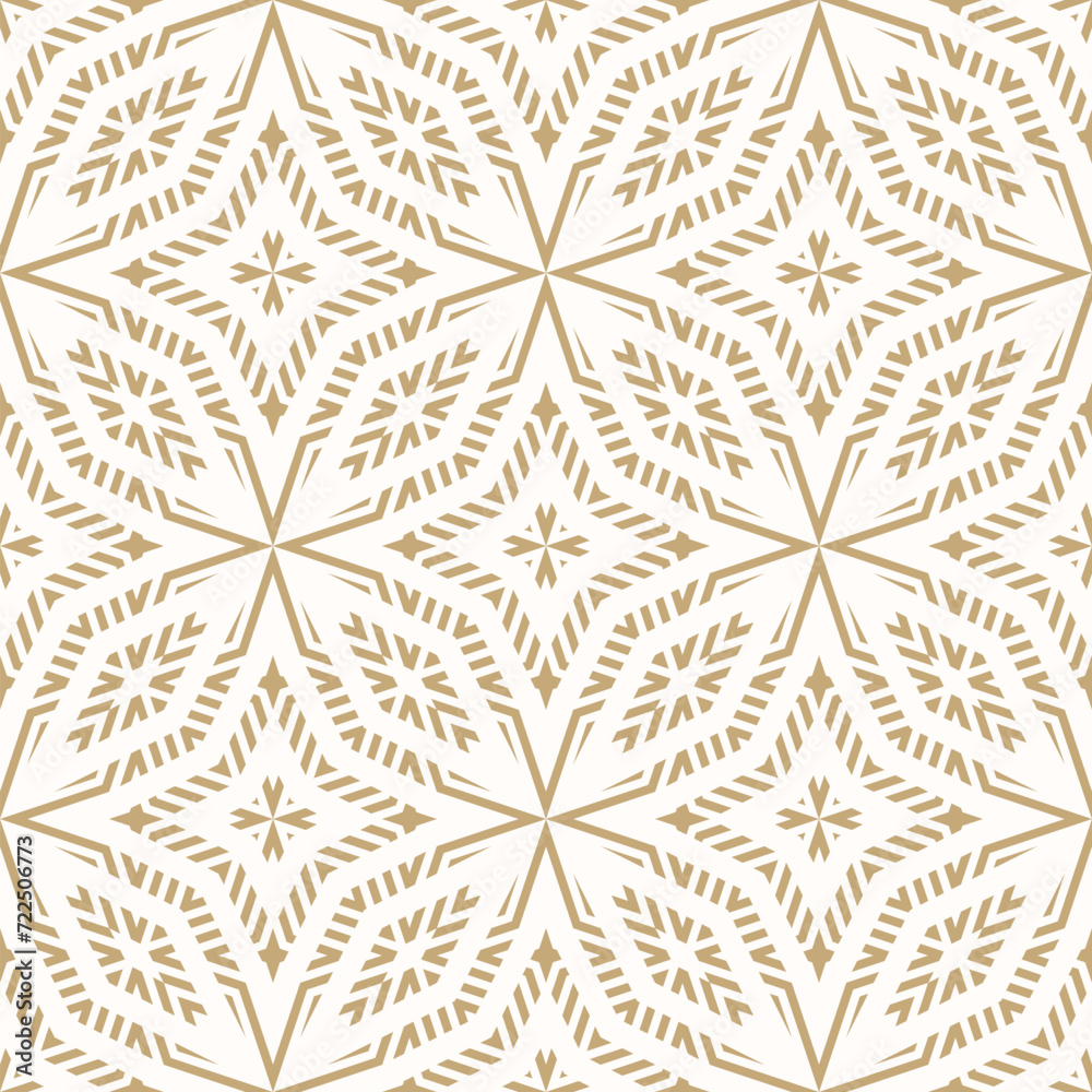 Vector geometric seamless pattern. Abstract gold and white folk texture with ornamental grid, lattice, stars, floral shapes. Tribal ethnic motif. Elegant background. Golden luxury repeat geo design Vector geometric seamless pattern. Abstract gold and white folk texture with ornamental grid, lattice, stars, floral shapes. Tribal ethnic motif. Elegant background. Golden luxury repeat geo design