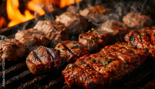 Pieces of freshly raw meat for grilling. Beef and pork meat with spirals.