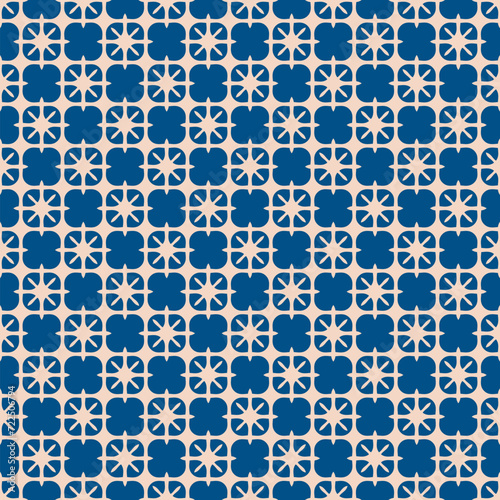 Vector seamless geometric abstract pattern. Retro vintage 1960s - 1970s style. Floral blue and biege background. Groovy geo lattice ornament. Simple texture with flower shapes, suns, grid design
