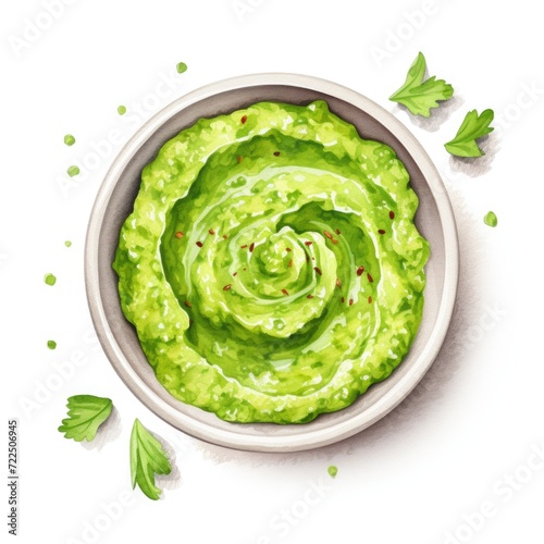 Watercolor-Style guacamole sauce top view with White Background