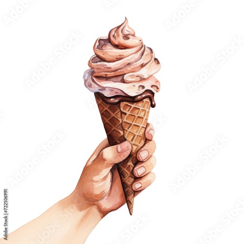 Watercolor-Style Hand Holding Chocolate Ice Cream with White Background