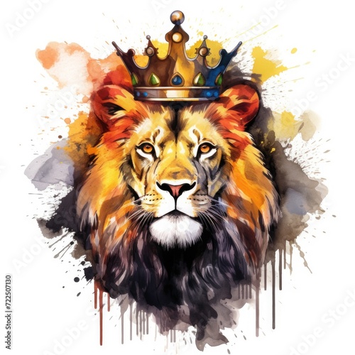  Watercolor-Style lion and crown with White Background.