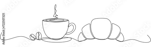 Coffee cup with beans and croissant continuous line drawing. Vector illustration isolated on white.