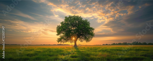 sunrise in a field of a single tree banner background 