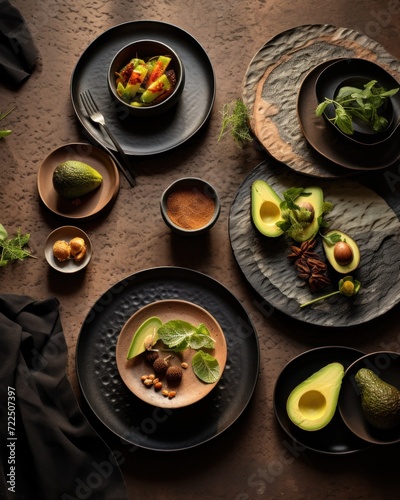  a table topped with plates of food next to a bowl of broccoli and a bowl of avocado.