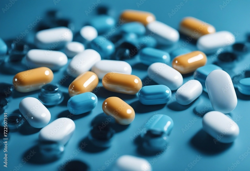 Blue-white antibiotic capsule pills and pill blister pack on blue background Online pharmacy banner - obrazy, fototapety, plakaty 