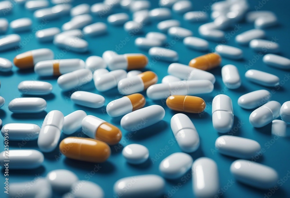 Blue-white antibiotic capsule pills and pill blister pack on blue background Online pharmacy banner