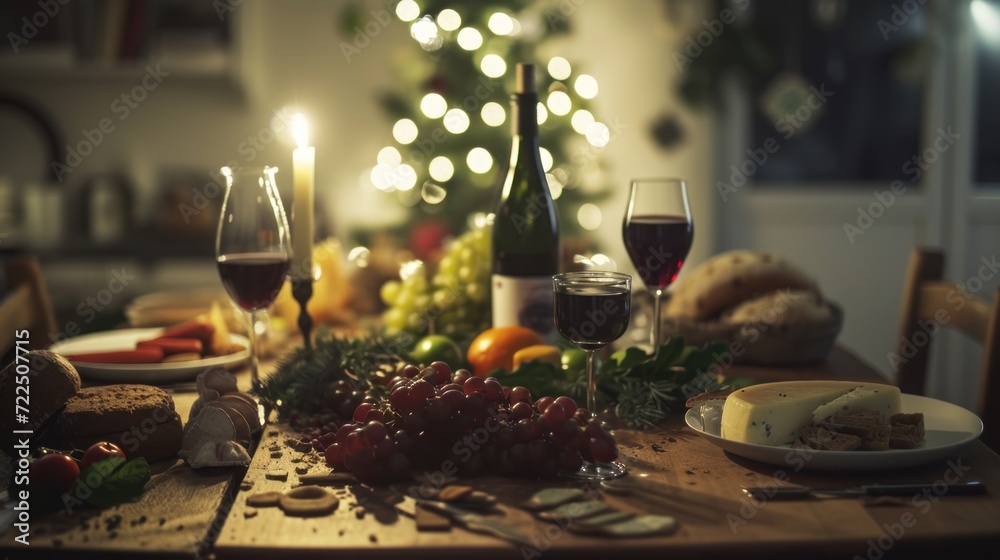  a wooden table topped with glasses of wine next to a plate of food and a christmas tree in the background.