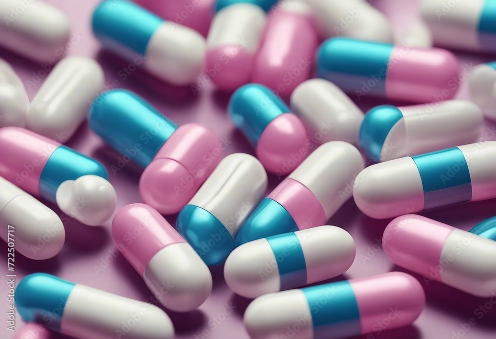 Closeup pink-white and blue-white antibiotics capsule pills in blister pack Antimicrobial drug resis Closeup pink-white and blue-white antibiotics capsule pills in blister pack Antimicrobial drug resis