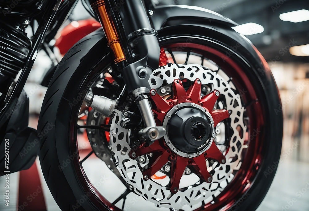 Closeup of new motorbike rear wheel Big bike parked in showroom of dealership Motorcycle exhaust pi Closeup of new motorbike rear wheel Big bike parked in showroom of dealership Motorcycle exhaust pi