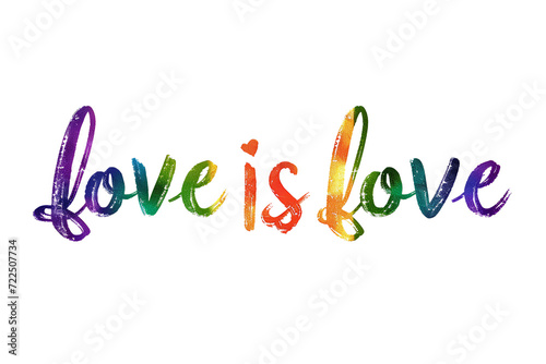 Vector illustration of a "Love is Love" logo in rainbow LGBTQ flag colors, isolated on a white background. Represents LGBTQ gay pride month and history month.