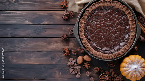 Pecan Pie with fall elements, flat lay style. Graphic banner with copyspace