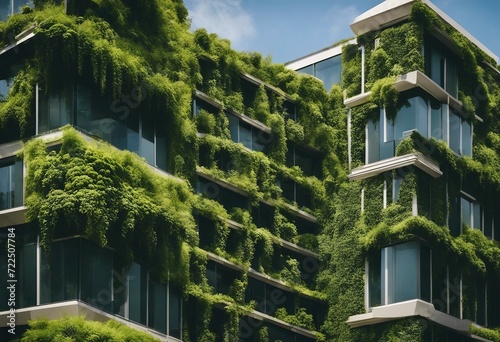 Eco friendly building with vertical garden in modern city Green plant and tree forest and ivy on fac