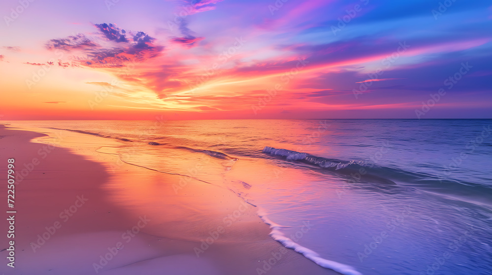 Experience the serenity of a tranquil beach at sunset, as the vibrant colors reflect harmoniously on the glistening water. Unwind and connect with nature in this breathtaking scene.