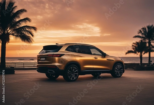 Luxury SUV car parked on car parking lot by the beach at sunset Front view of new SUV car with sport © ArtisticLens