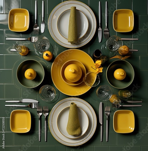  a table set with yellow plates and silverware and a vase with yellow flowers and a green tiled wall in the background.