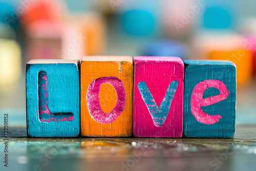 The word "love" displayed on vibrant wooden cubes, embodying an LGBTQ concept.