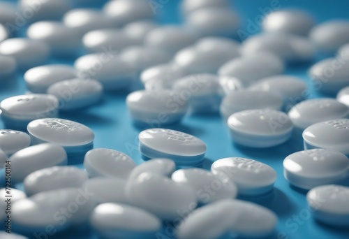 Selective focus on blue-white capsule pills in blister pack Pharmaceutical industry Drug package Pha