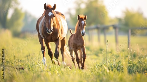  a couple of brown horses standing on top of a lush green field next to a baby horse on top of a lush green field.