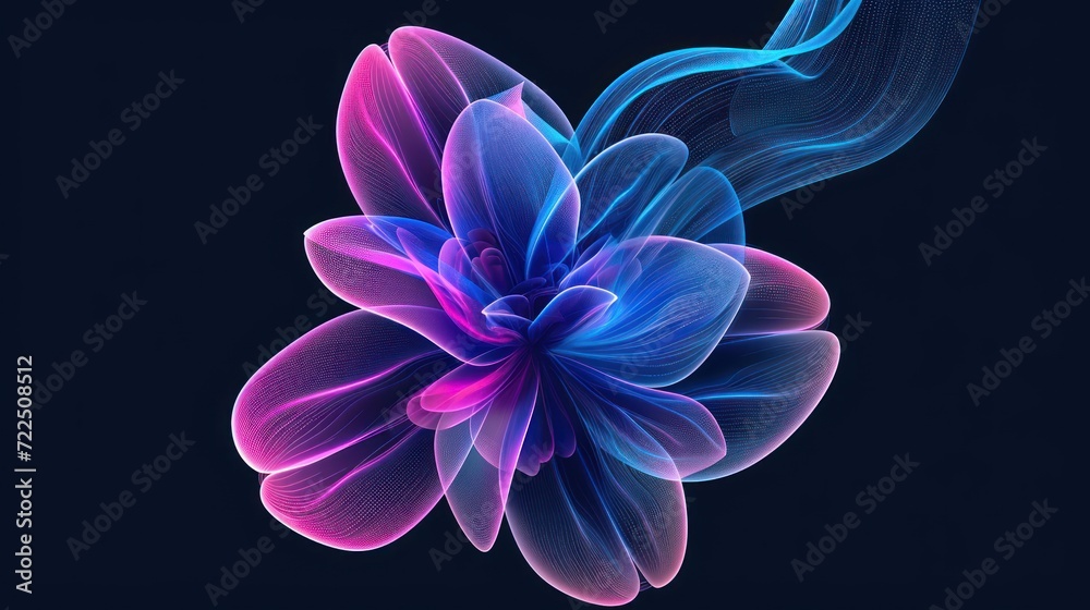  a close up of a flower on a black background with a blue and pink flower in the middle of the image.