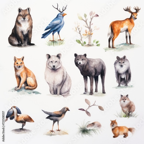 Watercolor-Style realistic wildlife animals and natural elements collection with White Background