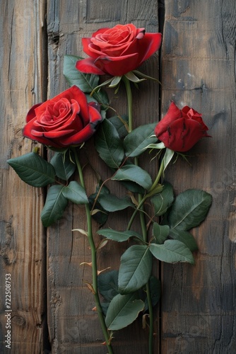 Red Roses Over Vintage Wooden Texture