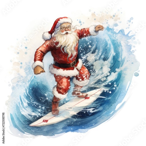 Watercolor-Style Santa Claus surfing a wave at Christmas with White Background.