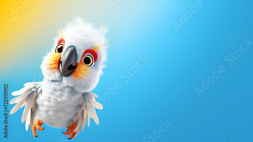 A young chick white cockatoo parrot, beautiful, bright, funny, with a large black beak, on a bright background, close-up, cartoon photo