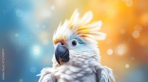 Young white cockatoo parrot, beautiful, bright, funny, with a large black beak, on a bright background, close-up