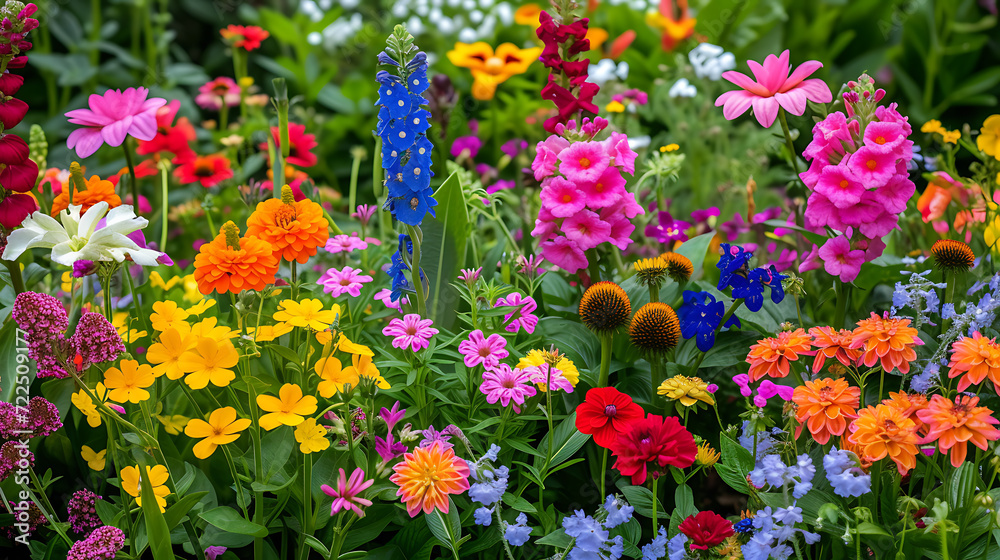 A kaleidoscope of vibrant blooms in an enchanting flower garden, bursting with color and life. Perfect for adding a touch of natural beauty to any design project.